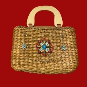 Vintage Mock Turquoise & Coral Beaded Tan 100% Straw Handbag